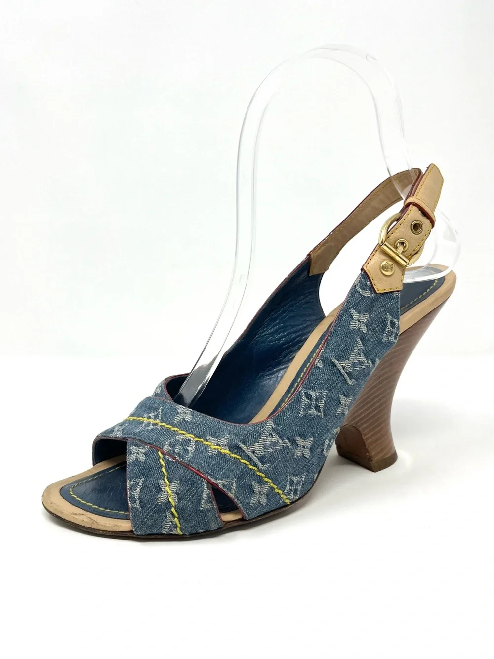Vintage Vtg Louis Vuitton Blue Denim Logo Monogram Slingback Sandals Heels 37 7